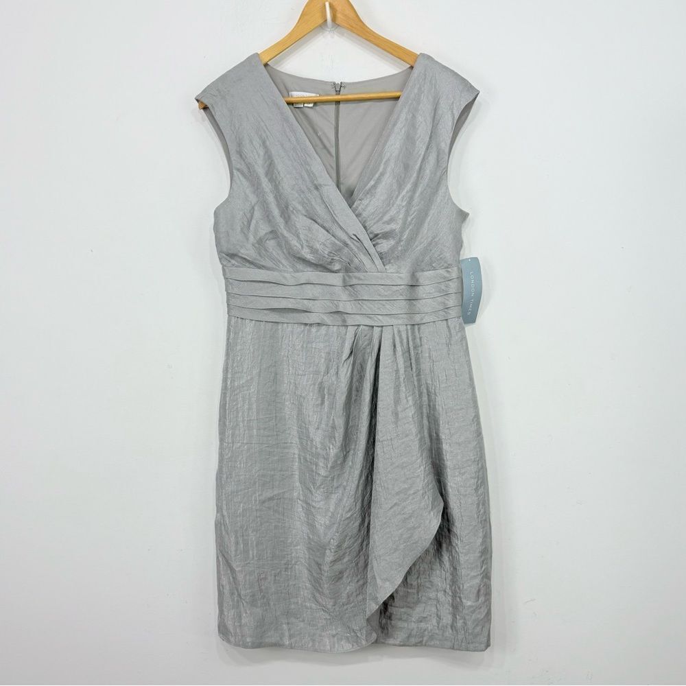 London Times Faux Wrap Sleeveless V Neck Holiday Dress in Shimmer Steel Gray
